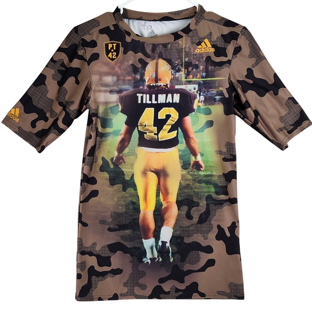 Adidas Pat Tillman 42 Graphic T-Shirt Kids Large Brown Camo Football Tribute Tee